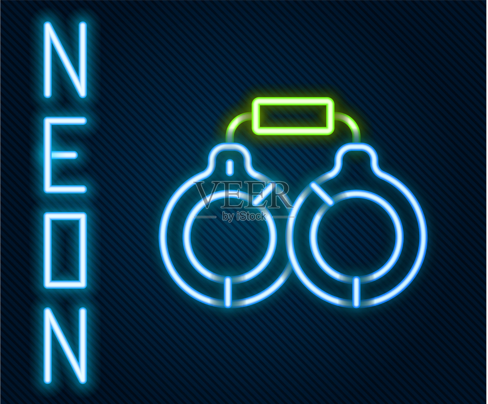 发光的霓虹灯线手铐图标孤立在黑色插画图片素材
