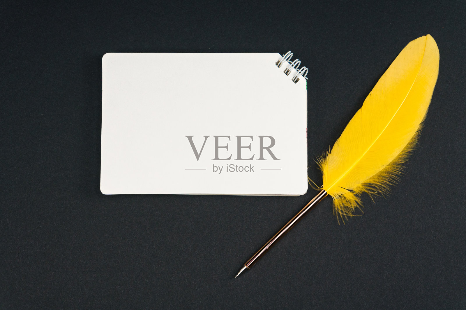 旧水泥桌子上的记事本，底色是浅黄色的记事本，黄色的羽毛笔和一些花照片摄影图片