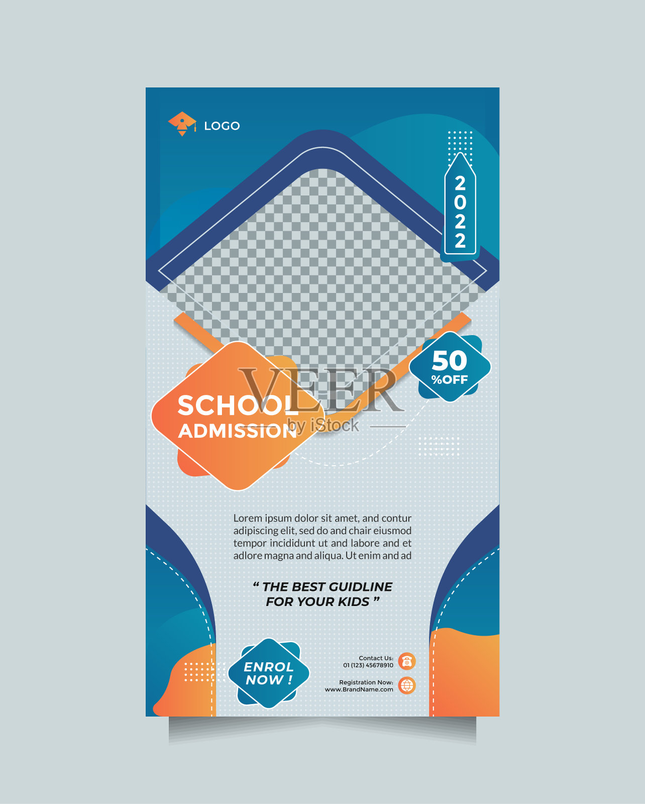 创意概念学校教育招生社会化媒体贴和横幅模板。带有图像占位符的现代蓝色橙色设计矢量设计模板素材