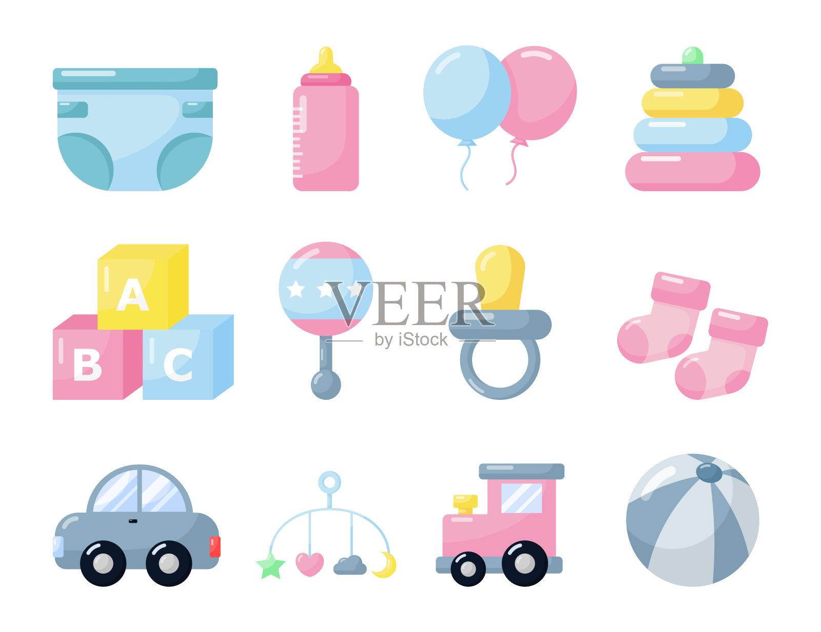 新生的东西。玩具和服装图标。婴儿护理用品在白色的背景。矢量插图。插画图片素材