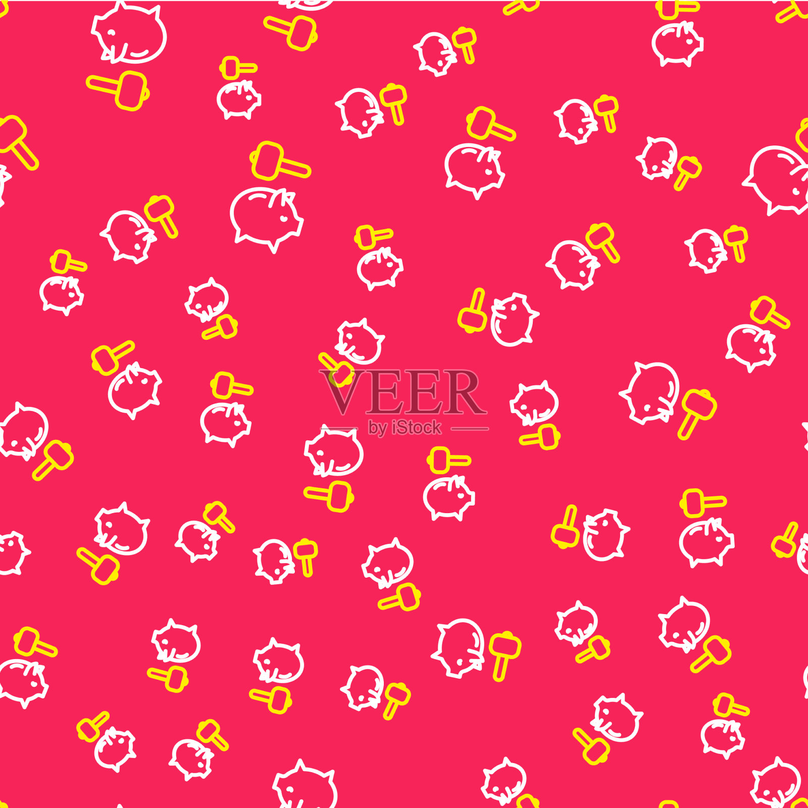 行小猪储蓄罐和锤子图标隔离无缝插画图片素材