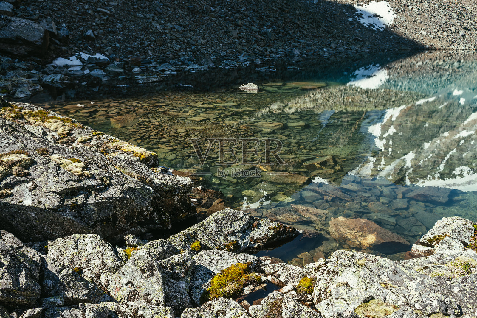 山清水秀，湖水清澈，湖底石质，风景优美。阳光下碧蓝的冰湖，水面清澈。白雪皑皑，青山湖畔青苔青青。照片摄影图片