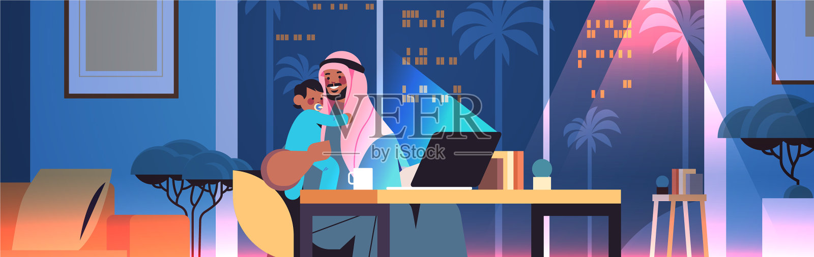 忙碌的阿拉伯自由职业父亲带着小儿子插画图片素材