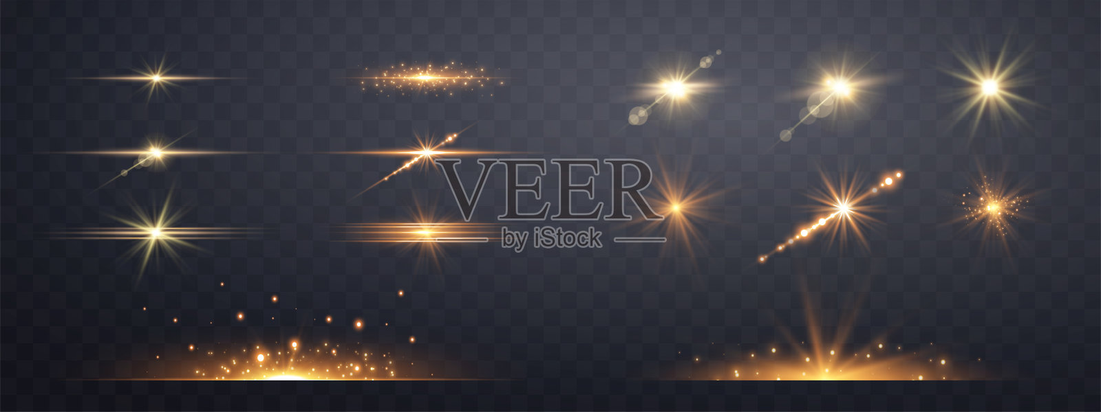 黄金水平镜头光晕设置。 在透明背景上隔离。阳光闪烁着光芒或金色的聚光灯和散景。黄色辉光闪光效果。矢量插图。插画图片素材