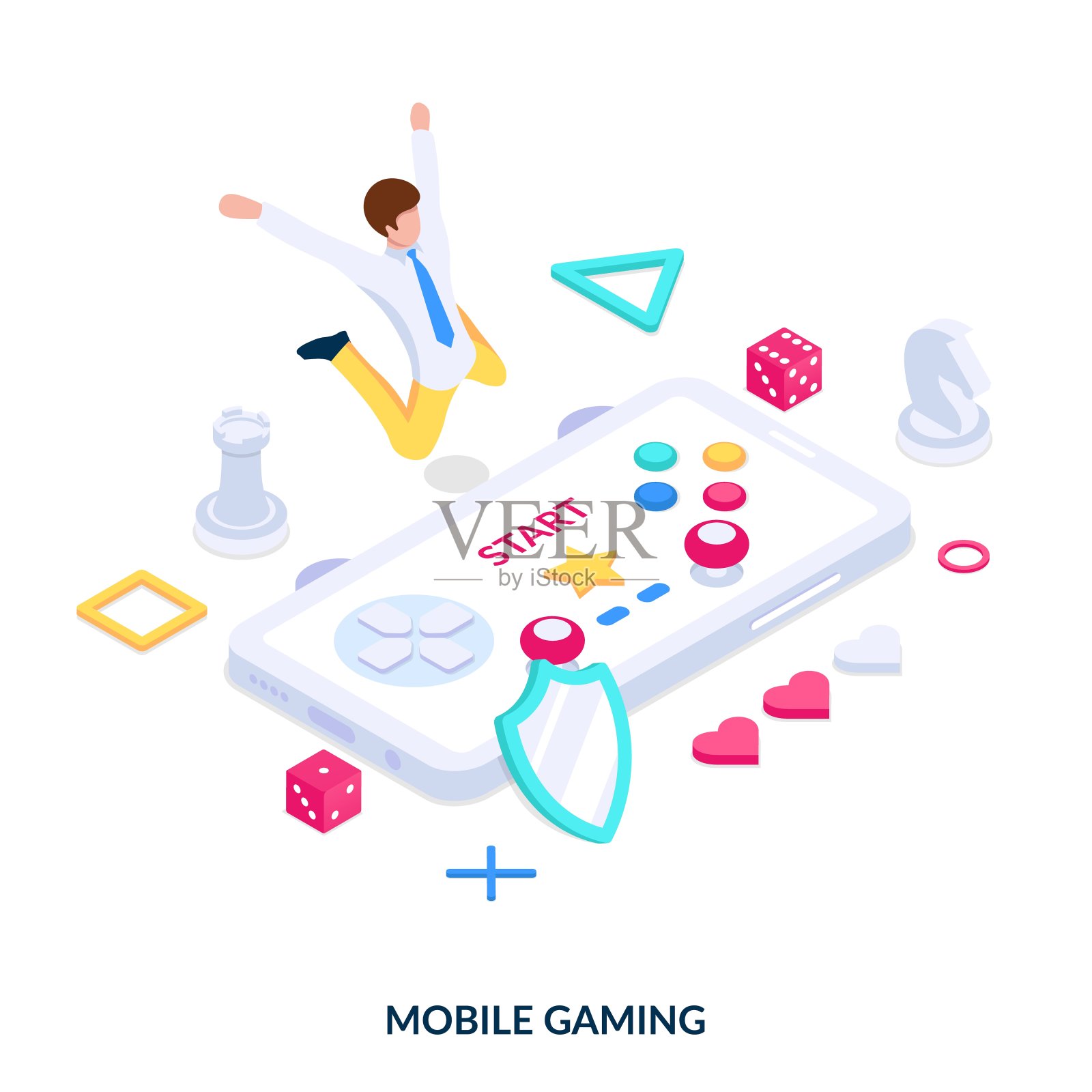 手机游戏的概念。一个游戏手柄形式的智能手机，周围是游戏图标和一个快乐的人。插画图片素材