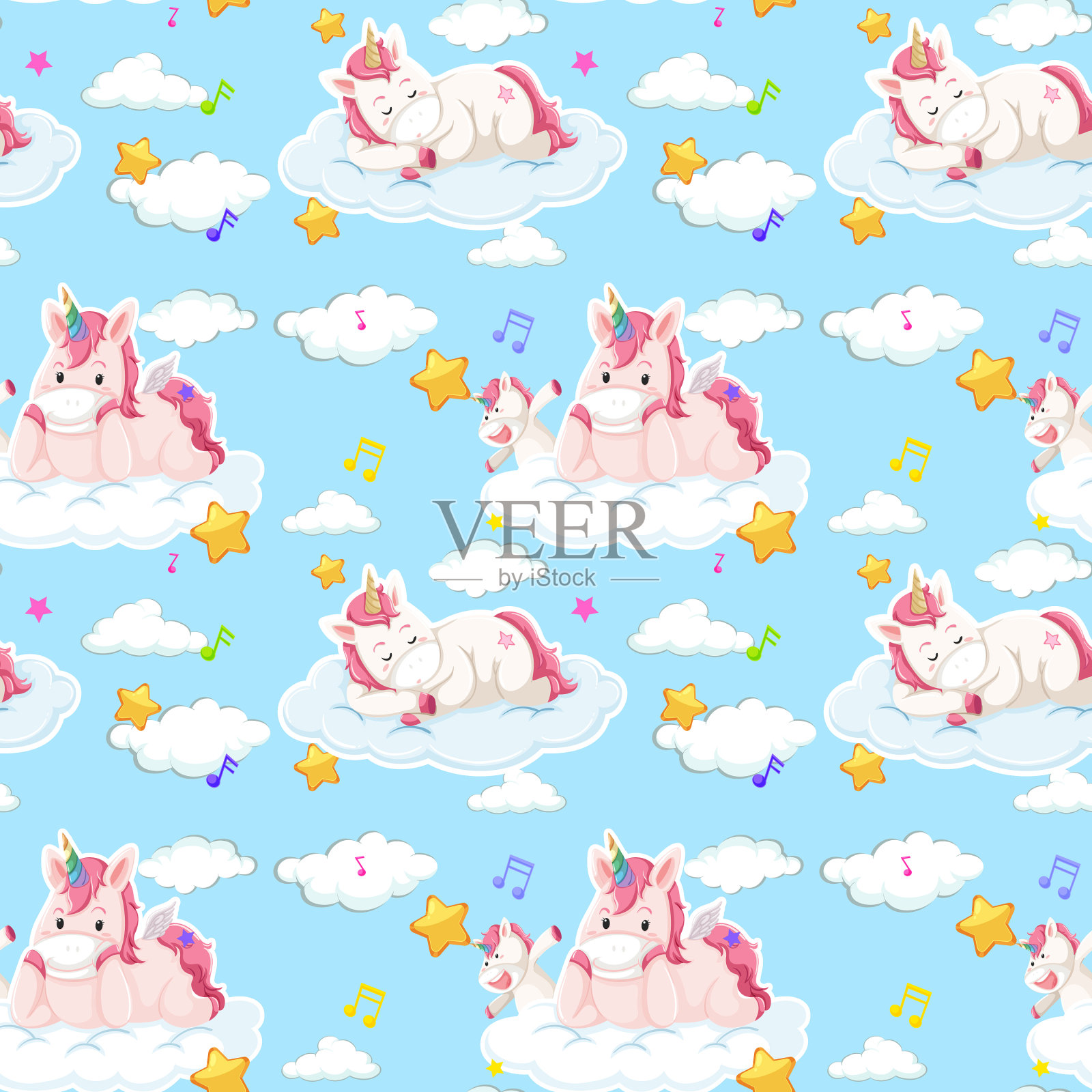 独角兽无缝的图案上有许多蓝色的云彩插画图片素材