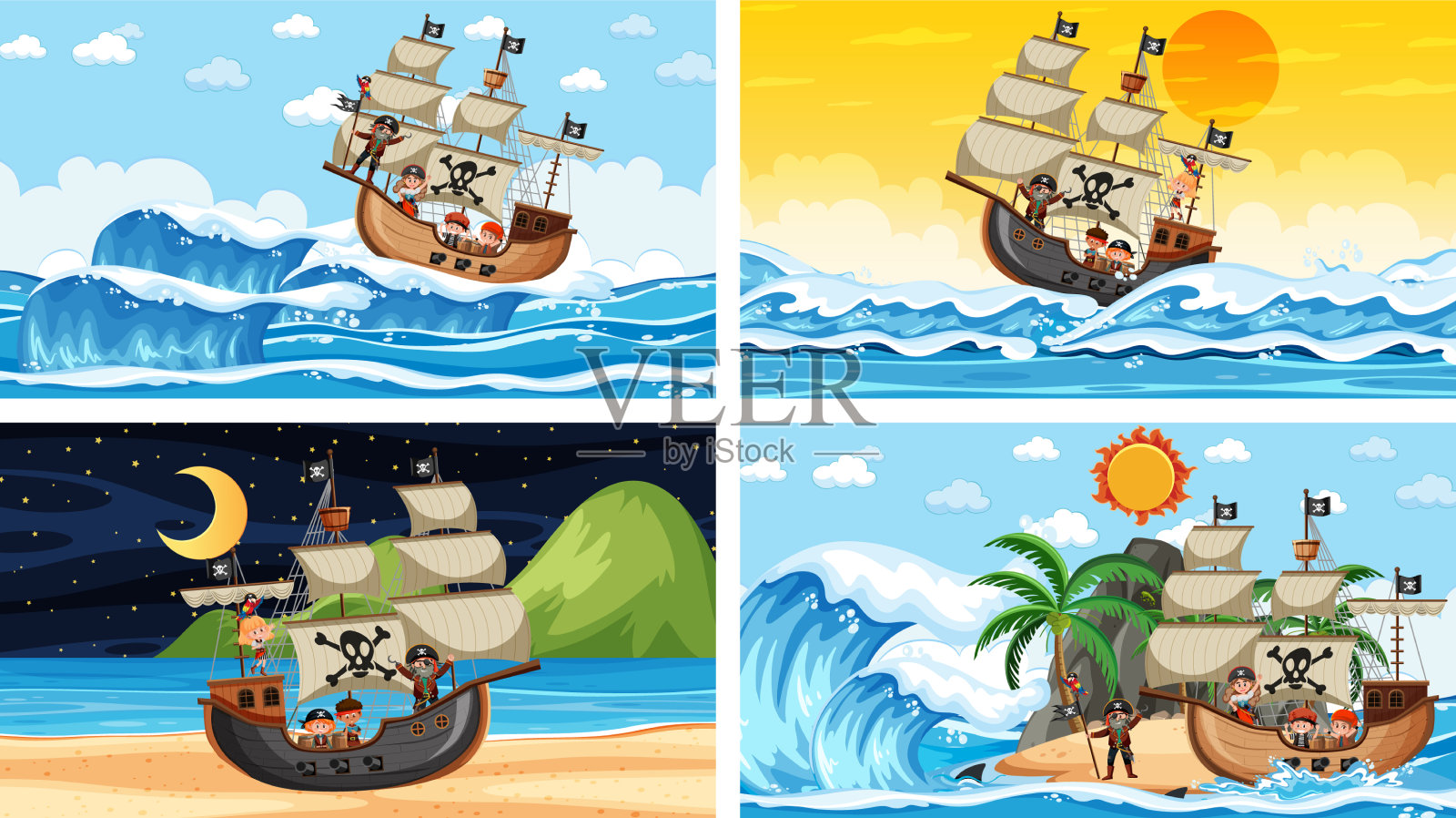 用海盗船设置不同的海滩场景插画图片素材