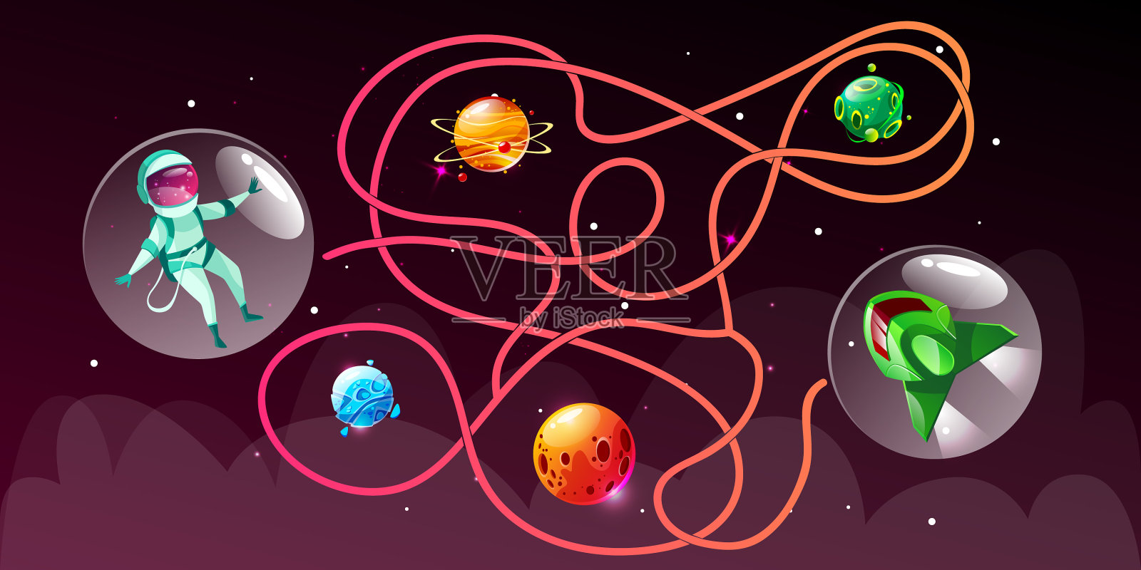 卡通宇宙迷宫教育游戏插画图片素材