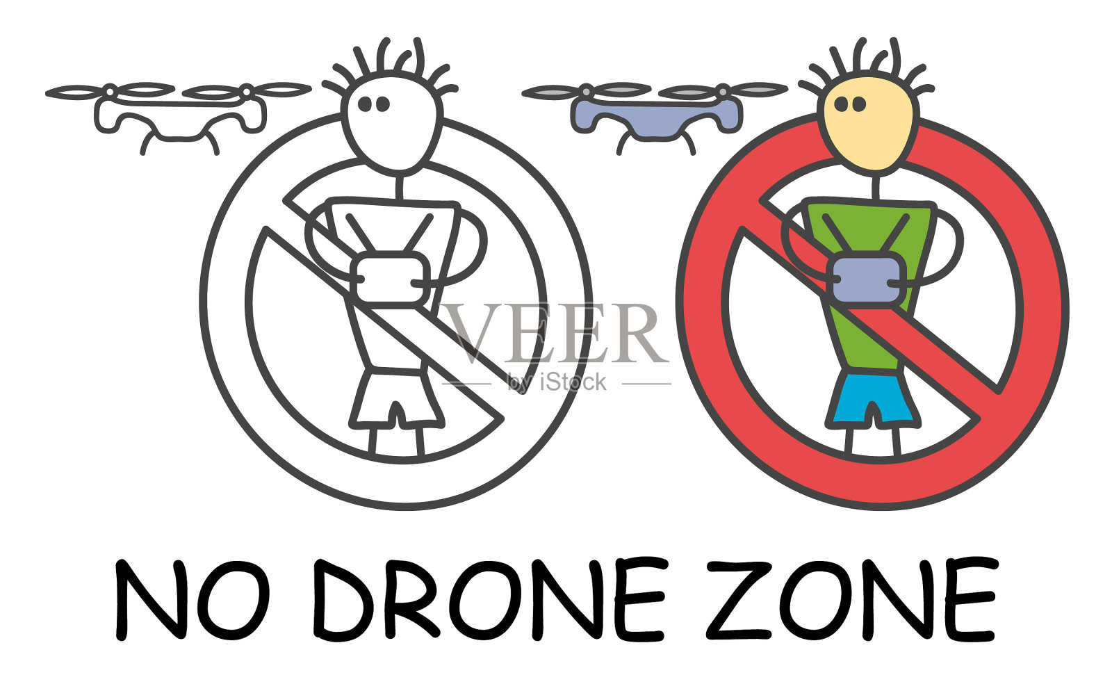 滑稽的棍子人与无人机在儿童风格插画图片素材