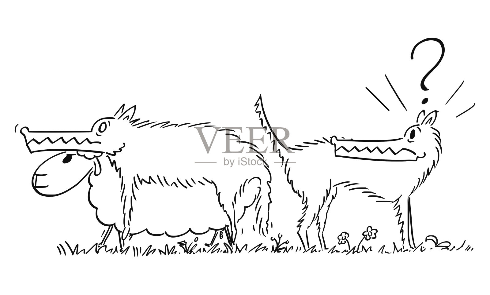 震惊的狼看着披着狼衣的羊，矢量卡通插图插画图片素材