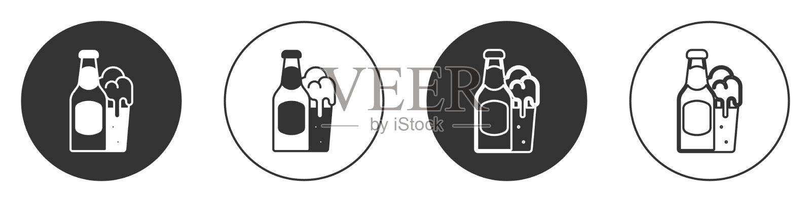黑色啤酒瓶和玻璃图标隔离在白色上图标素材