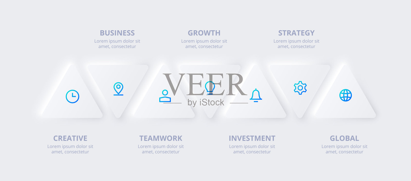 七个水平的neumorphic三角形。业务发展过程的7个选项的概念。时间轴矢量插图。信息图表元素插画图片素材