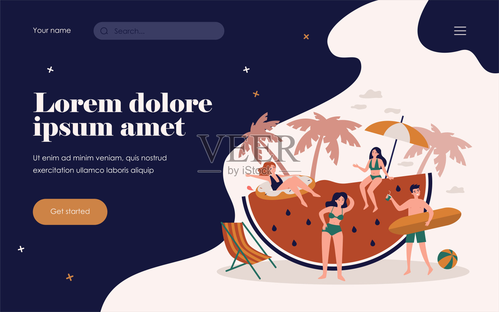 有趣的人在海滩上的大西瓜旁玩耍插画图片素材