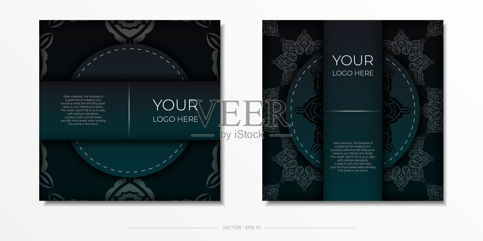 象样的明信片设计在深绿色与阿拉伯图案。设计模板素材