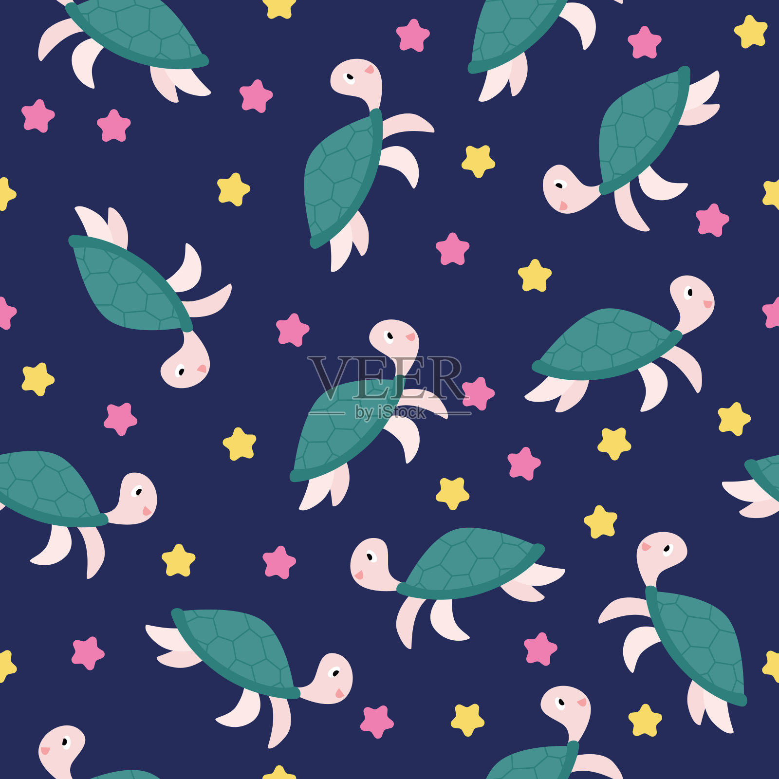 欢快的无缝图案与海龟和海星在蓝色的背景。儿童教育、童话故事和彩页。平面风格的矢量插图插画图片素材