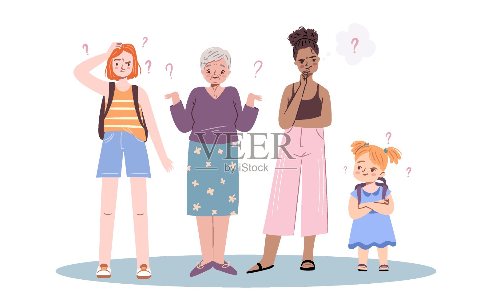 女人迷茫，女孩站在疑惑中，思考着进退两难。一个困惑的年轻女人，一个青少年，一个孩子和一个上了年纪的女士。平面字符矢量插图。插画图片素材