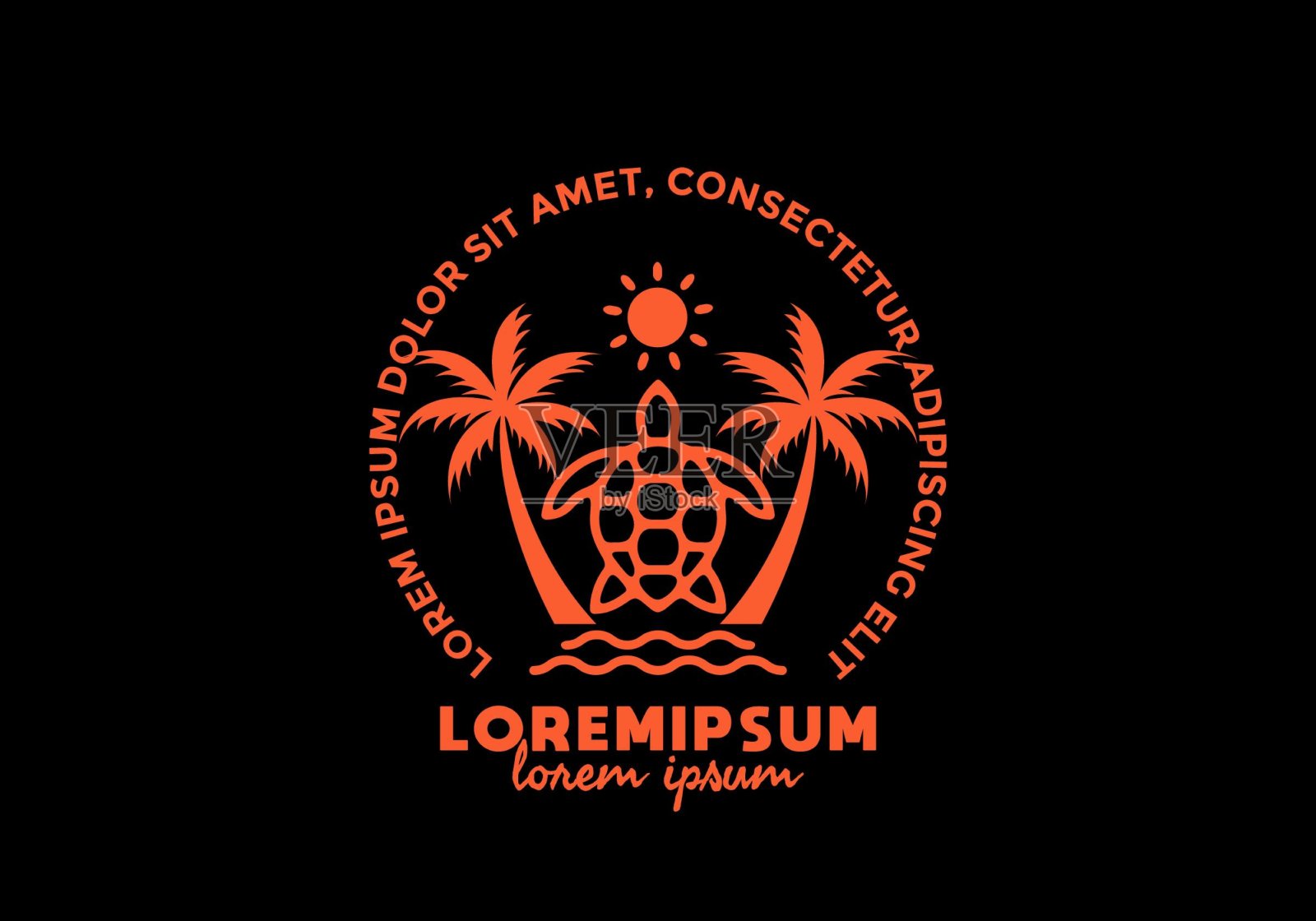 橙色的乌龟和椰子树与lorem ipsum文本设计插画图片素材
