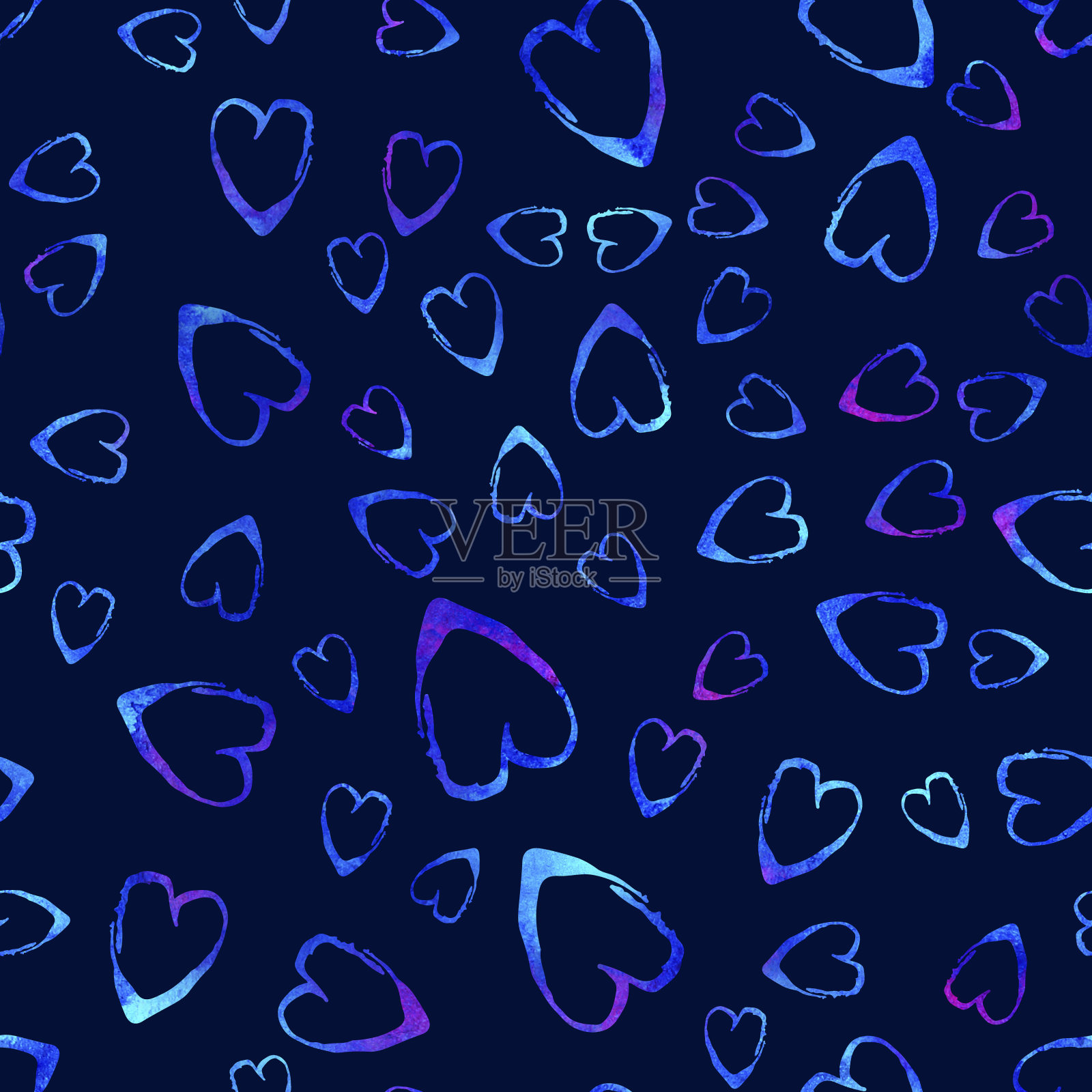 水彩刷心无缝图案爱情农庄手绘设计在蓝色。现代Grung拼贴背景为孩子织物和纺织品插画图片素材