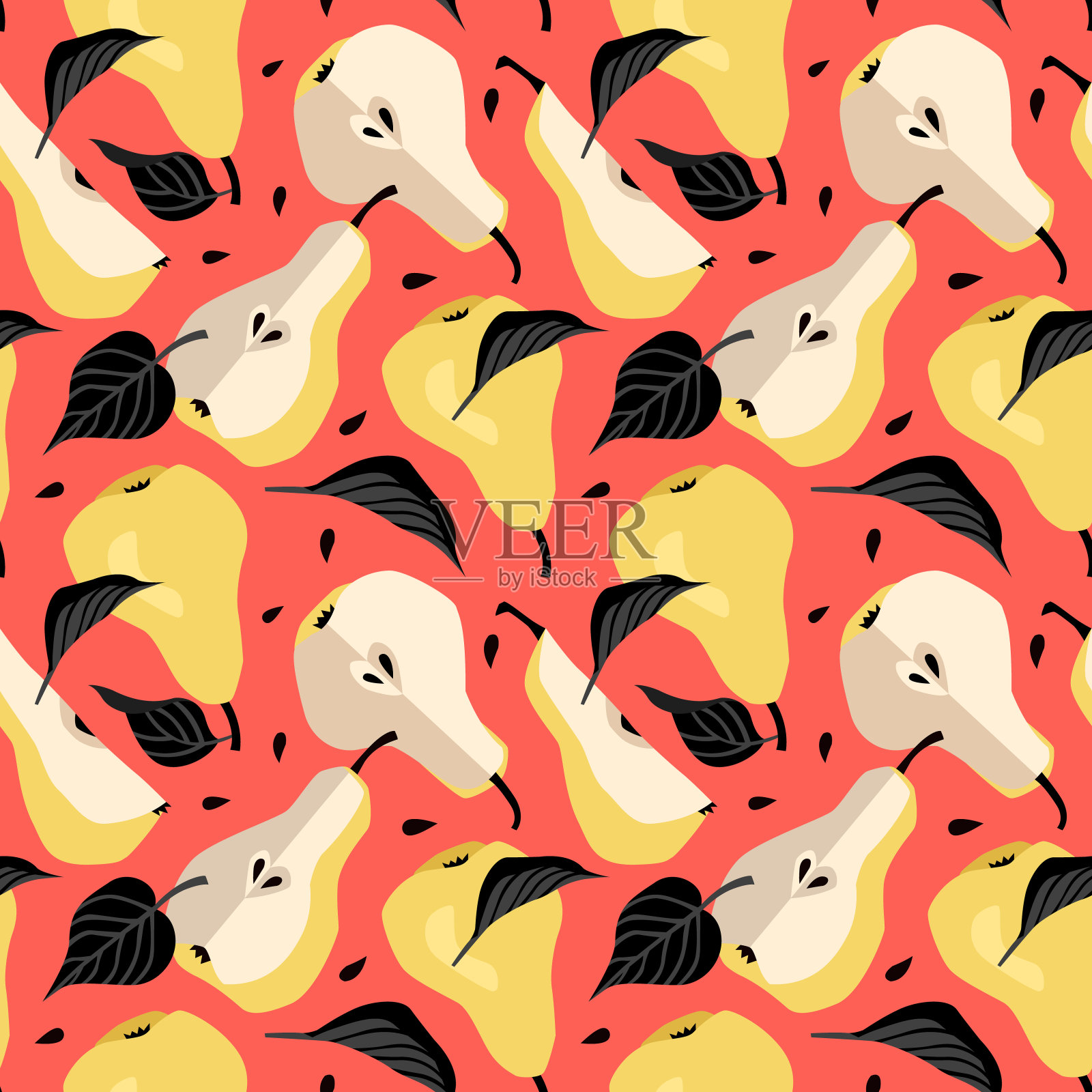 无缝图案与黄梨。水果背景，织物和墙纸打印插画图片素材