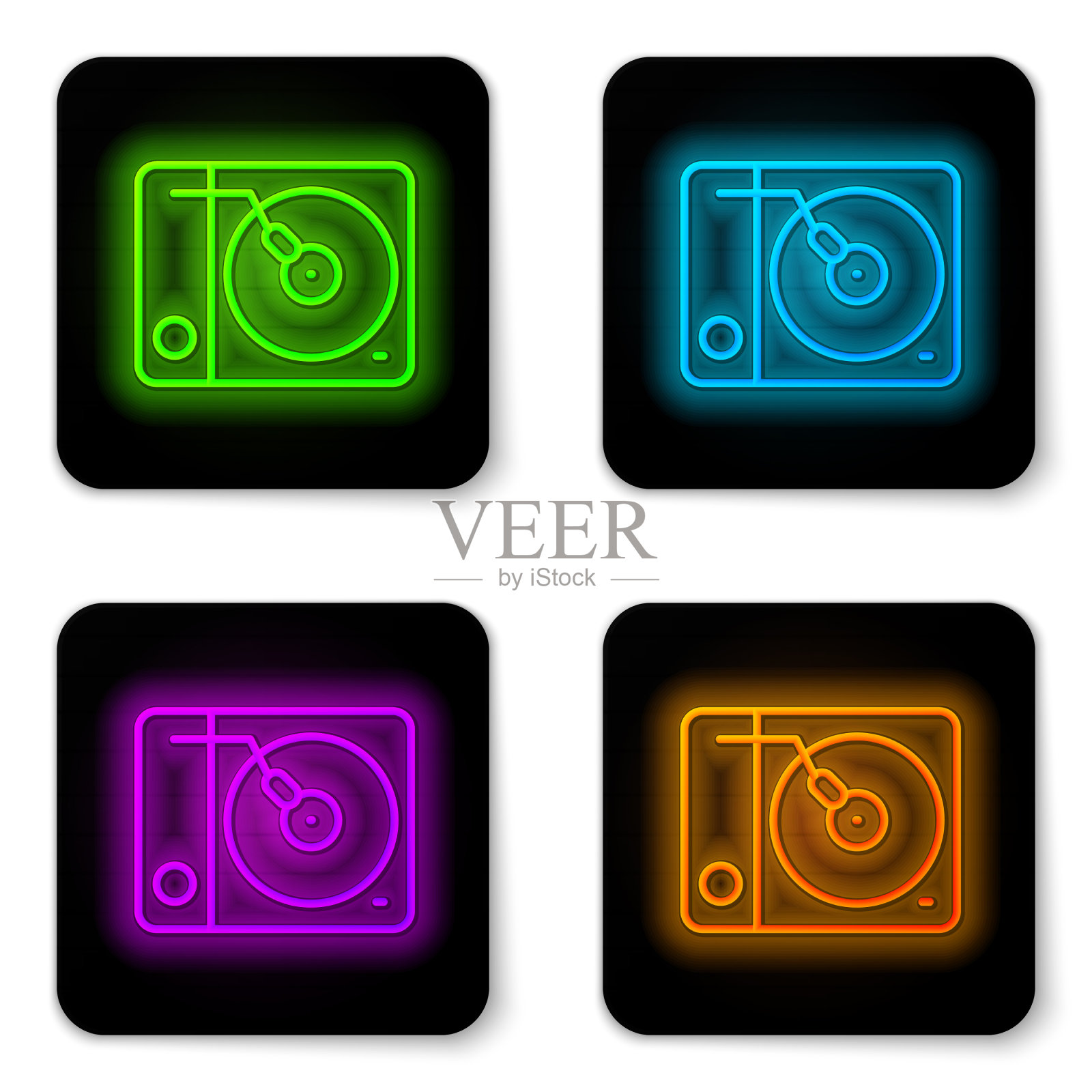 发光的霓虹灯线乙烯基播放器与一个乙烯基磁盘图标素材