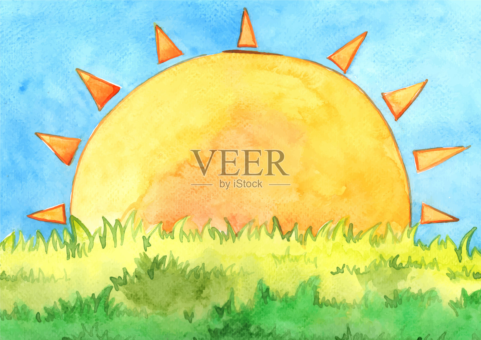 阳光与绿色草地水彩画插画图片素材