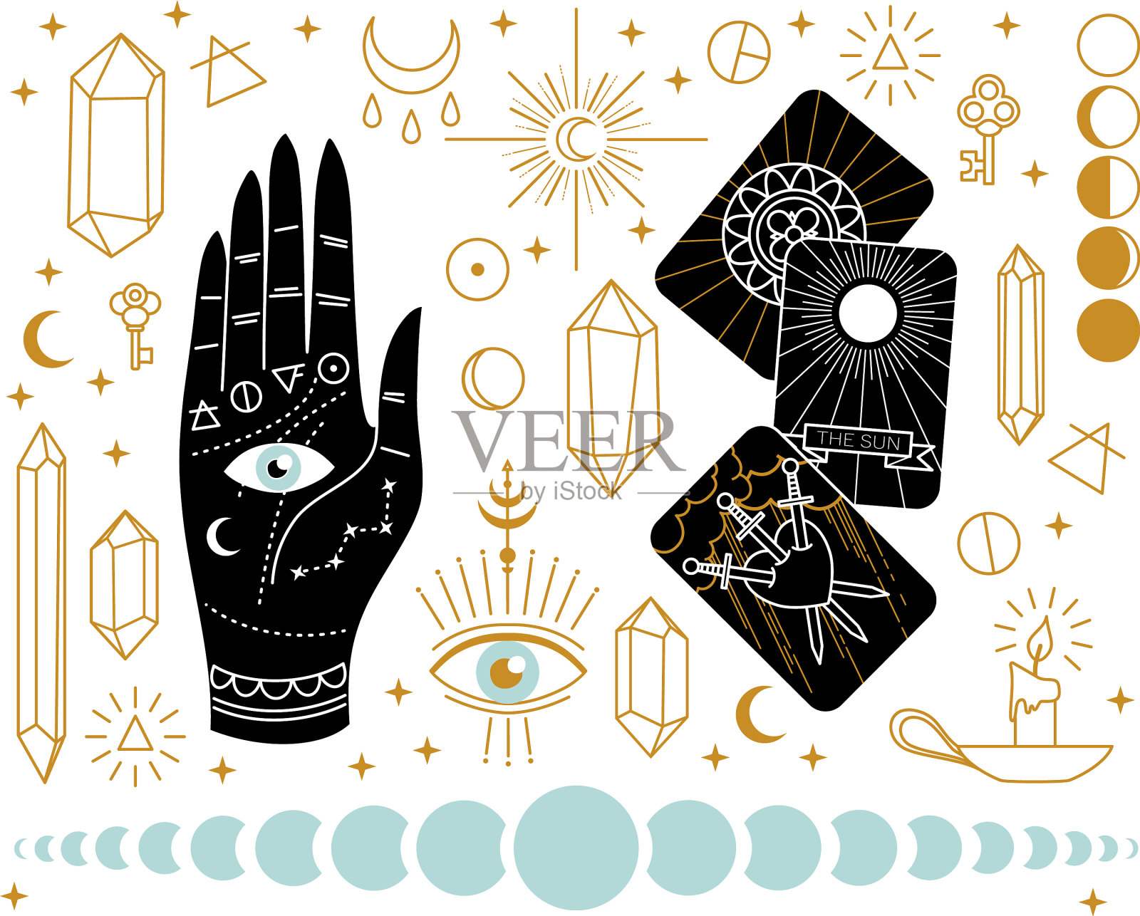 用手牌和塔罗牌设置秘传物品插画图片素材