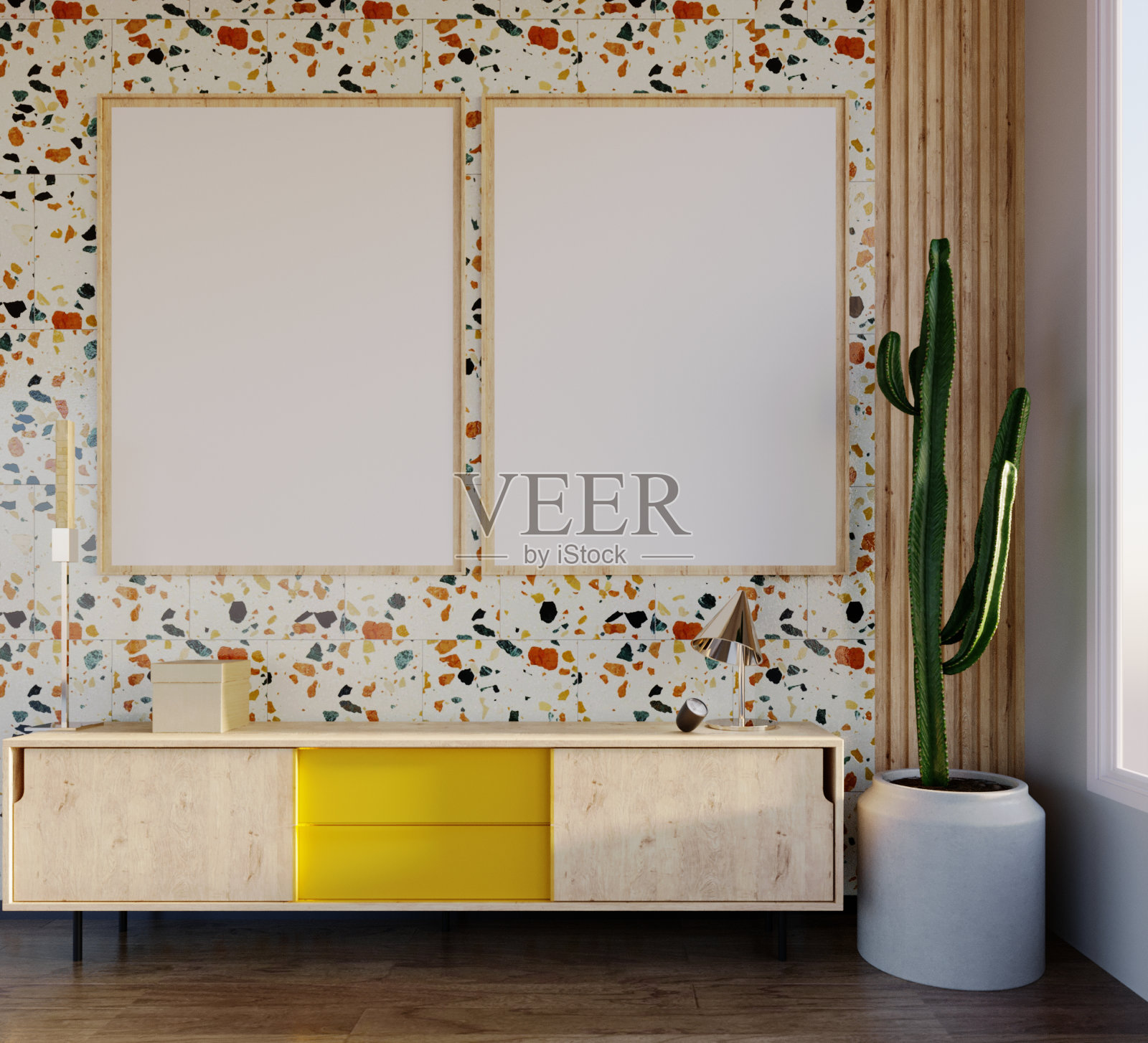 水磨石墙和相框。照片摄影图片