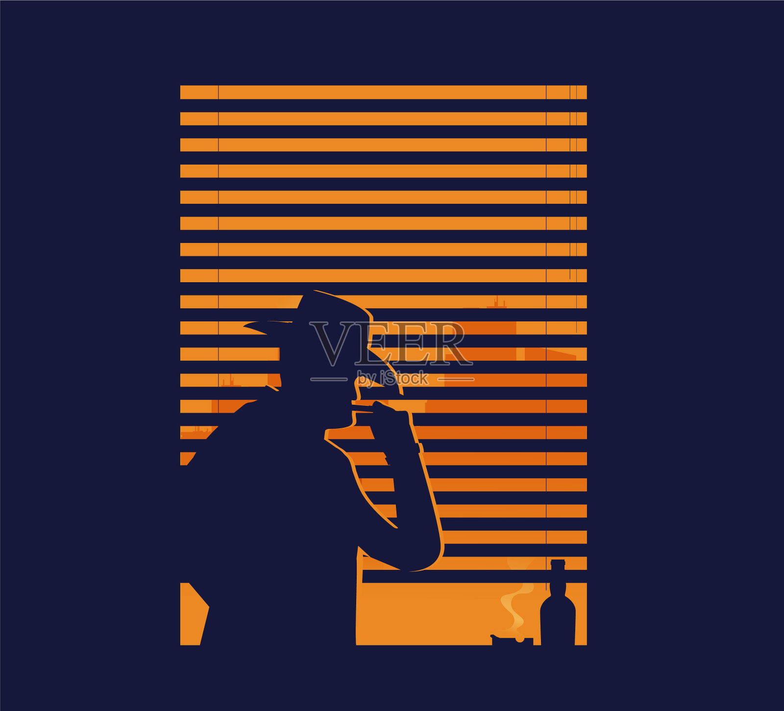 剪影男子在窗口看着插画图片素材