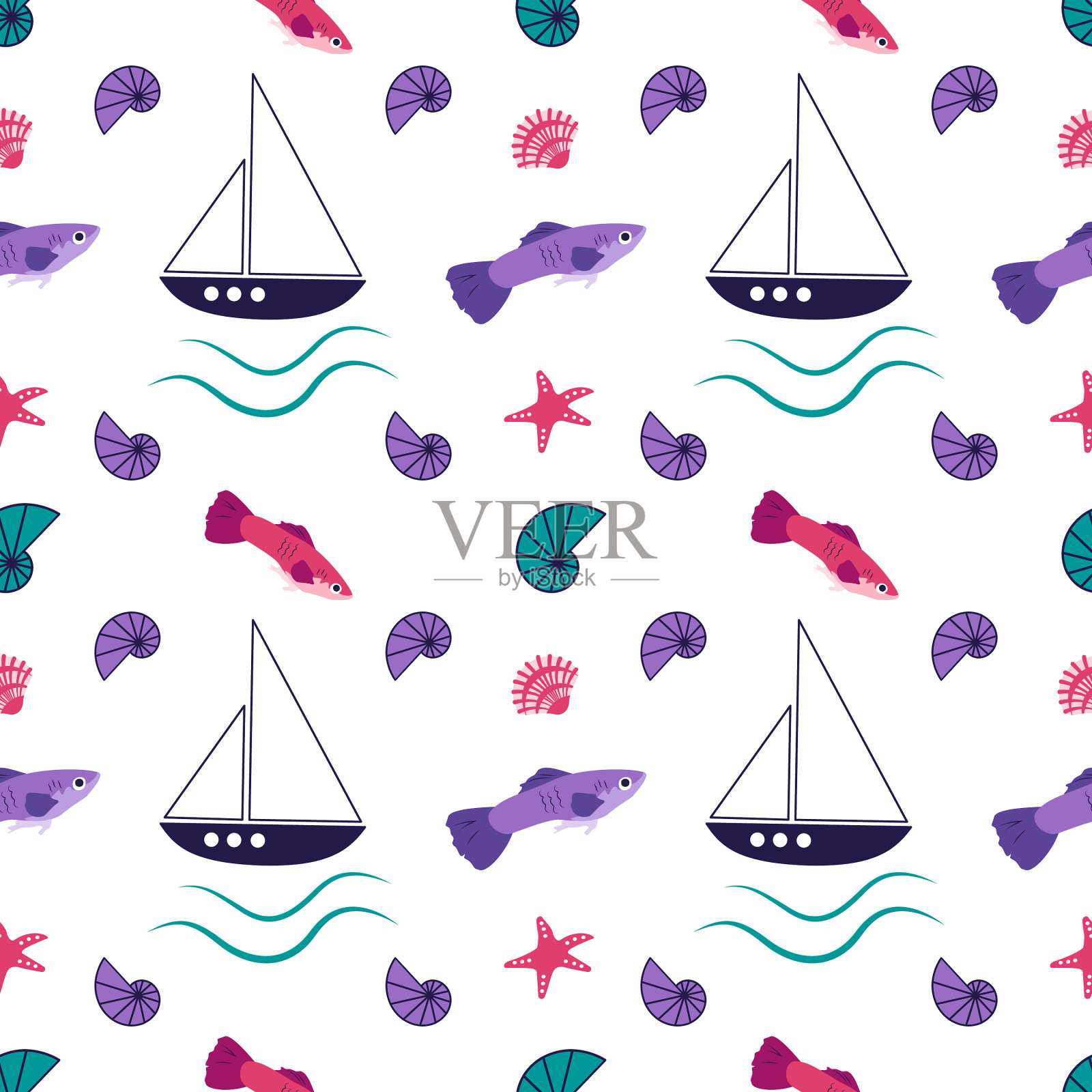 明亮的海洋图案与神奇的鱼船插画图片素材