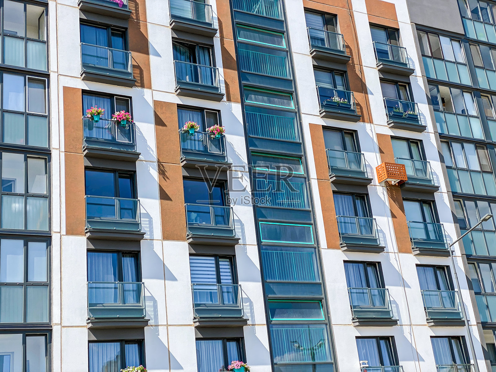 现代公寓立面装饰着五颜六色的花在花盆里照片摄影图片