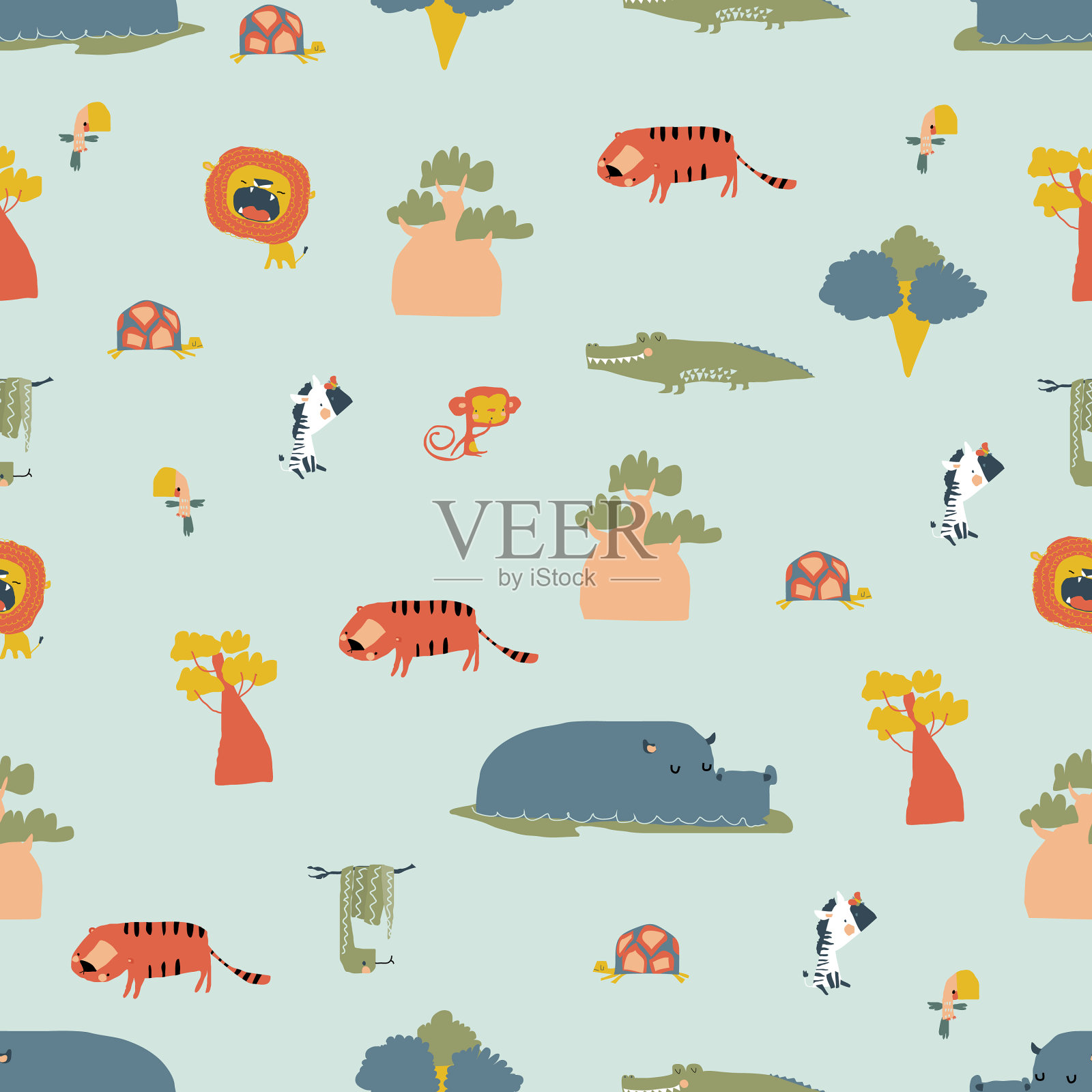 无缝的图案与野生丛林动物在蓝色插画图片素材