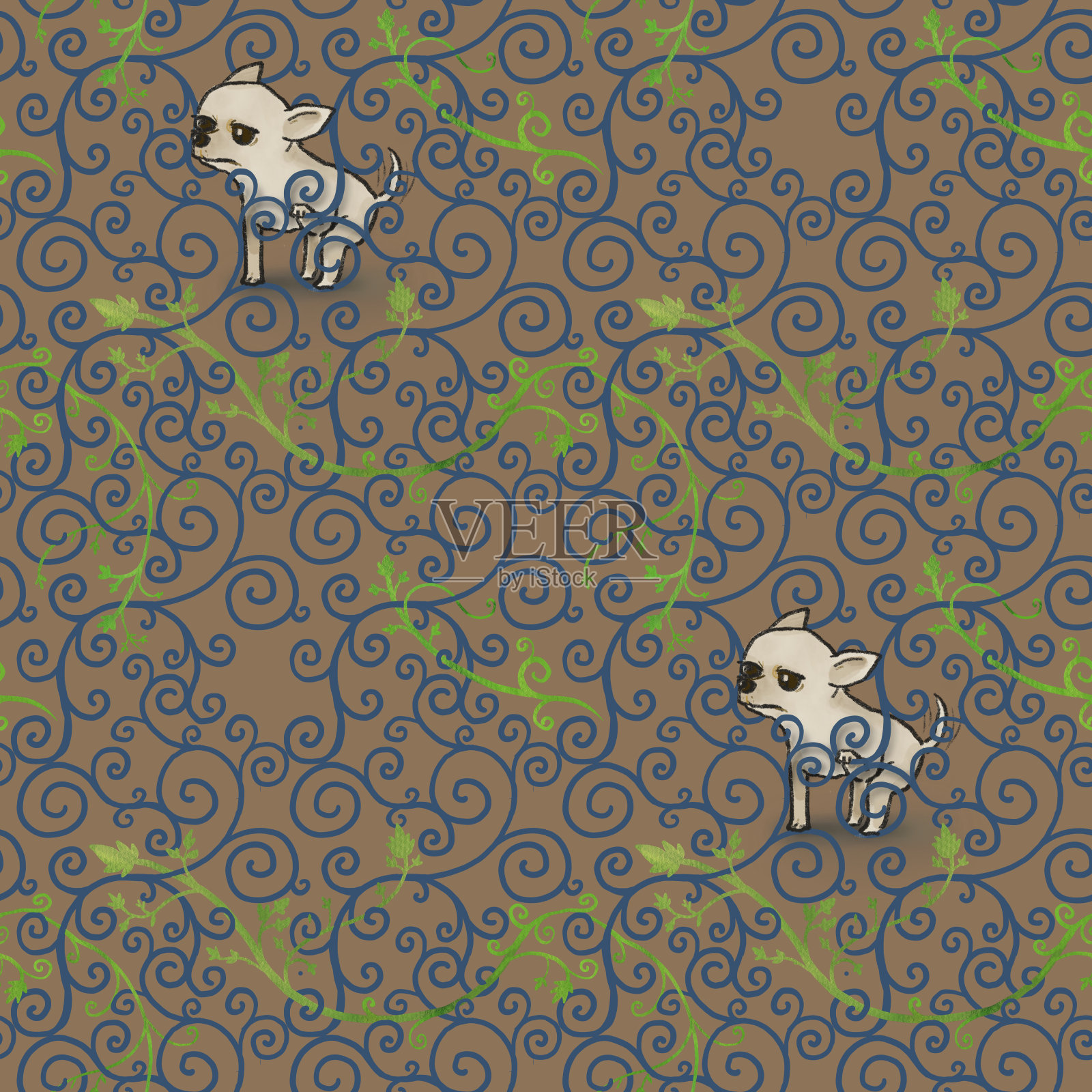 白色吉娃娃小狗纠结在无缝常春藤缠绕图案插画图片素材