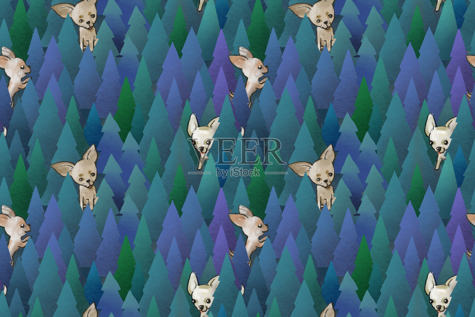 白色吉娃娃小狗玩捉迷藏在无缝的森林模式插画图片素材