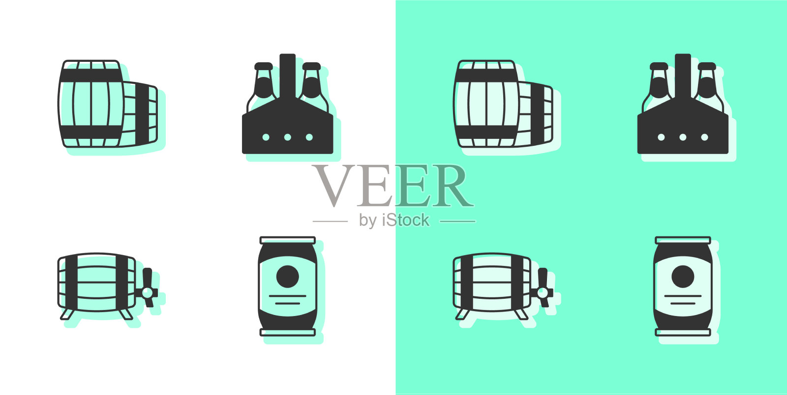 设置啤酒罐木桶和包装啤酒图标素材