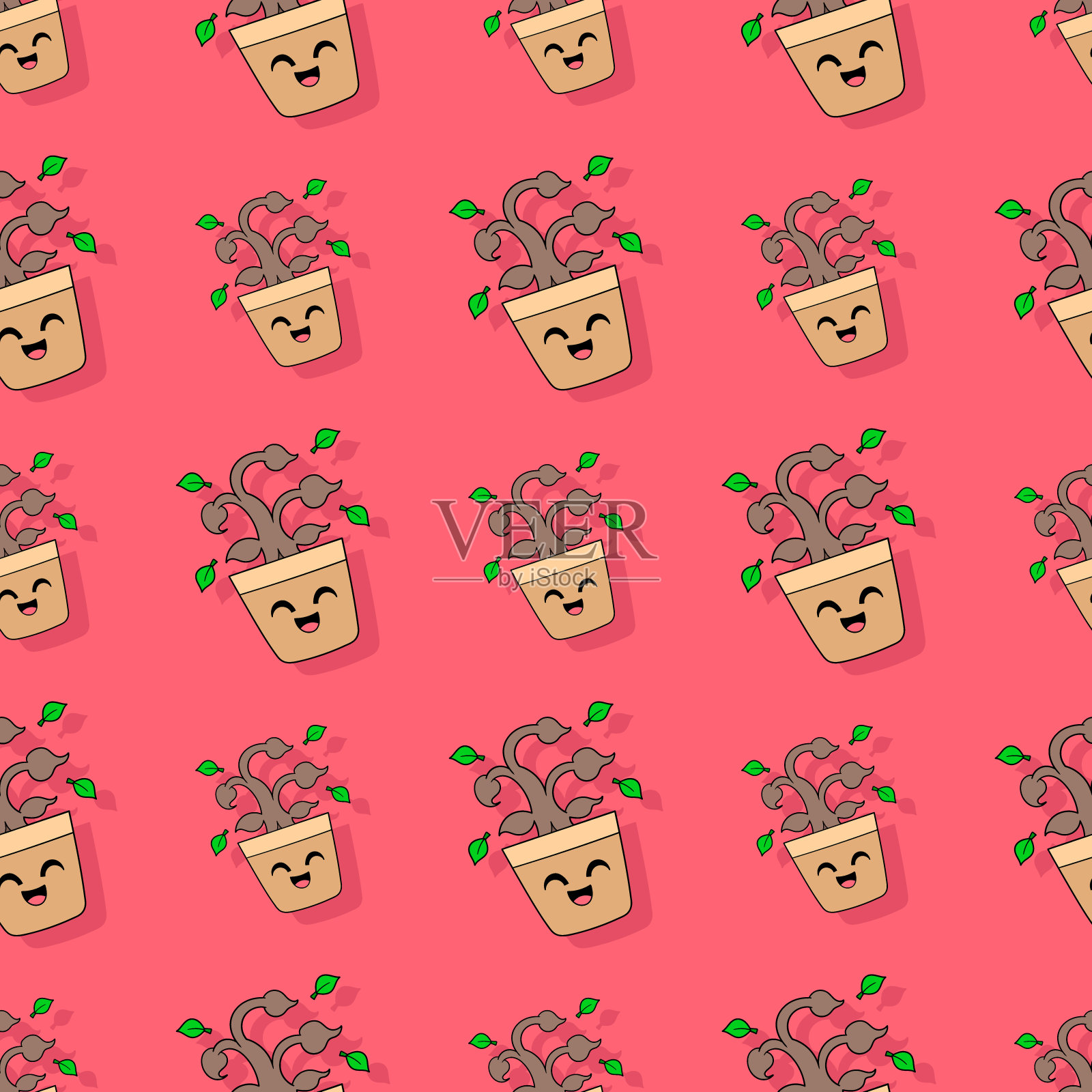 盆栽植物无缝重复模式。背景矢量图。插画图片素材