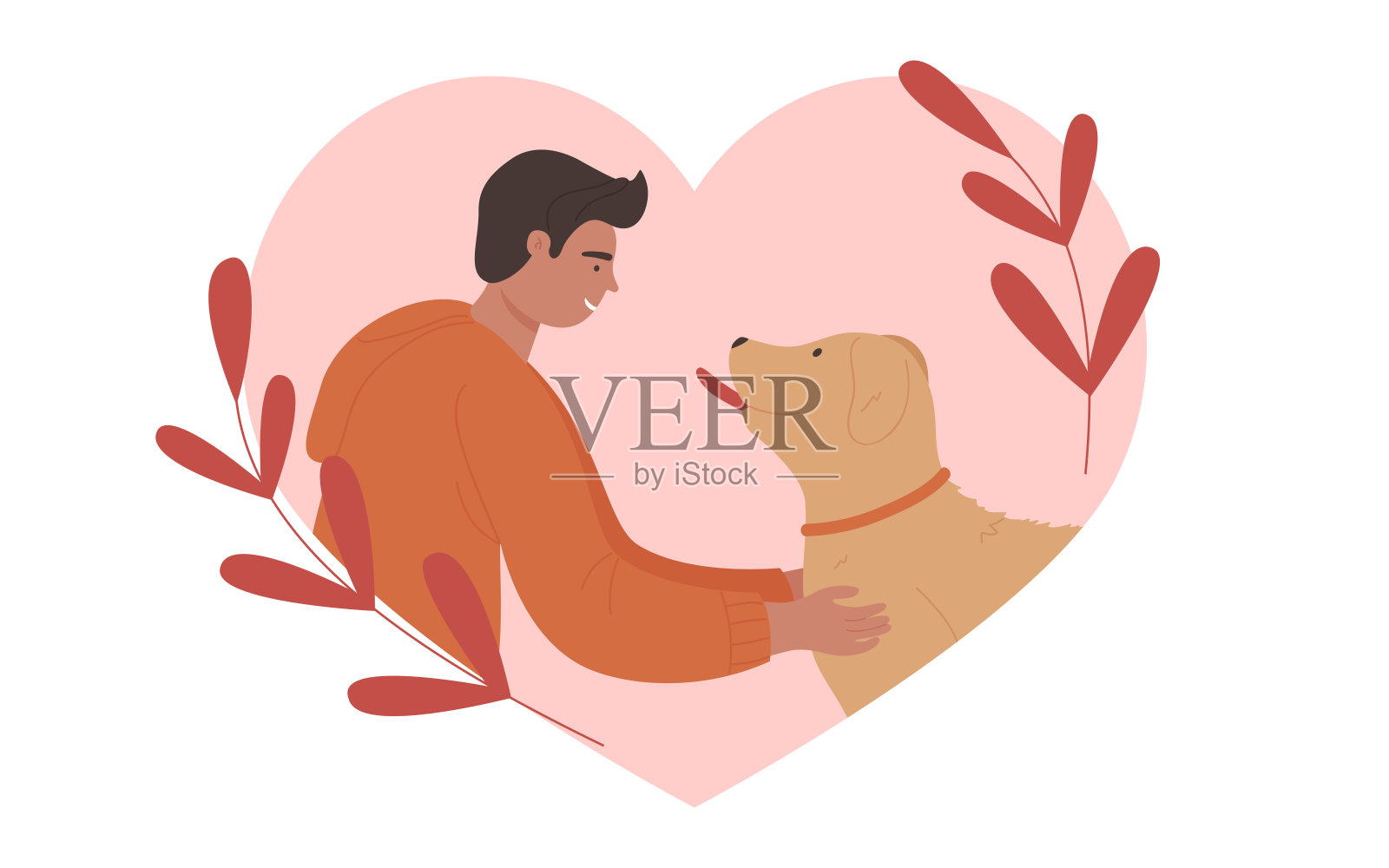 收养狗，快乐的人和狗的朋友，男人的宠物主人和有趣的小狗在粉红色的心插画图片素材