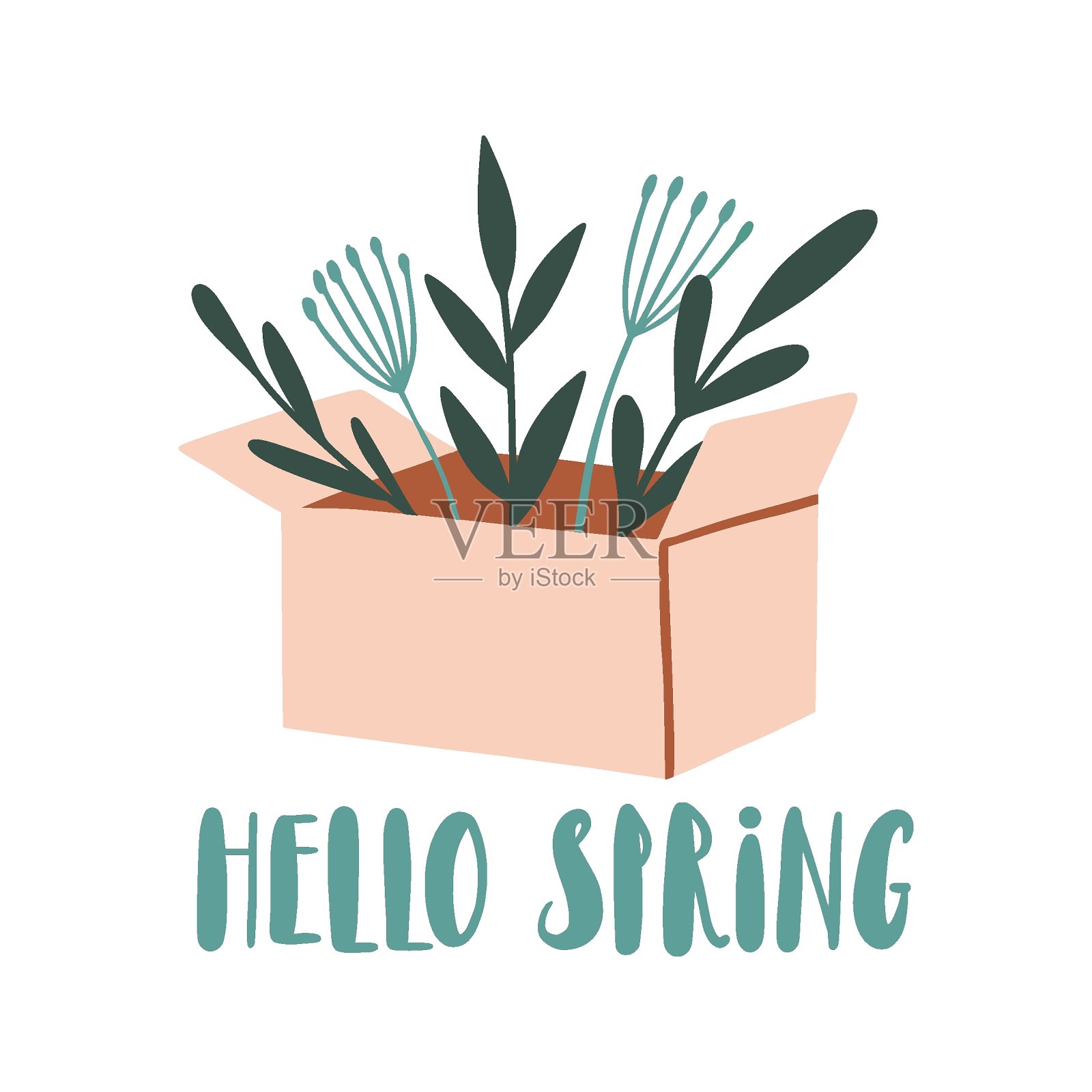 你好春天卡片，海报或横幅。纸盒鲜花插画图片素材