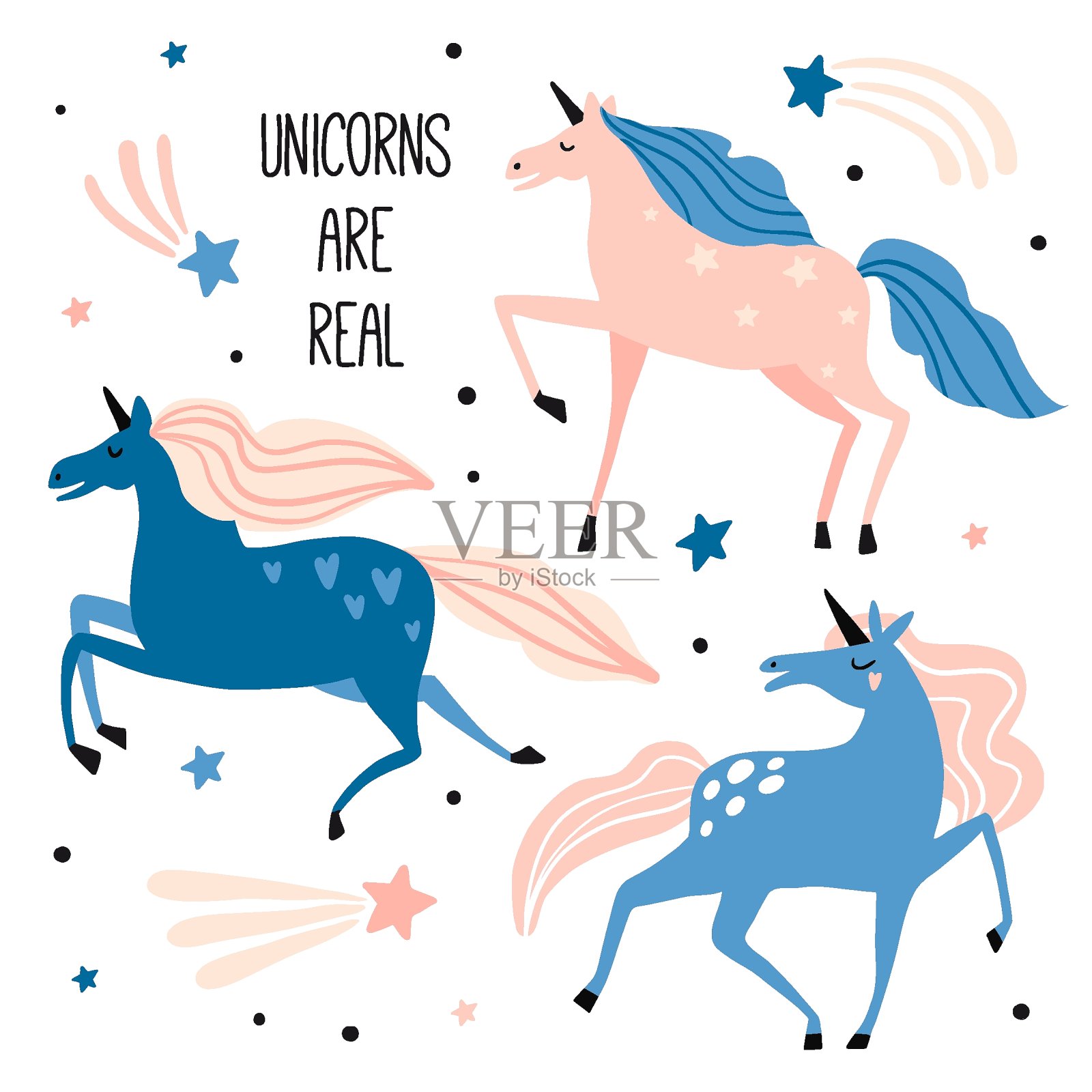 独角兽是真实的。三个可爱的手绘魔法动物插画图片素材