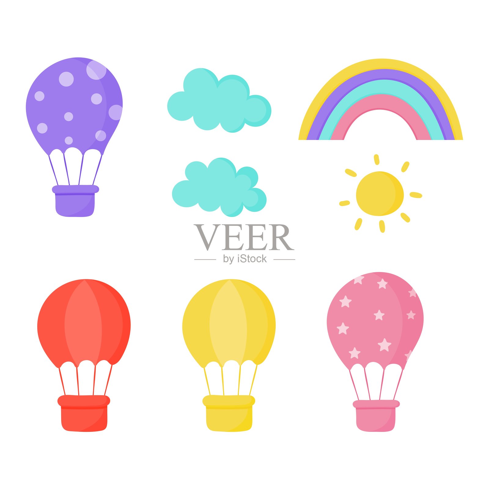 太阳，气球，彩虹和云彩。卡哇伊白色背景墙纸。宝宝颜色柔和可爱。矢量插图。插画图片素材