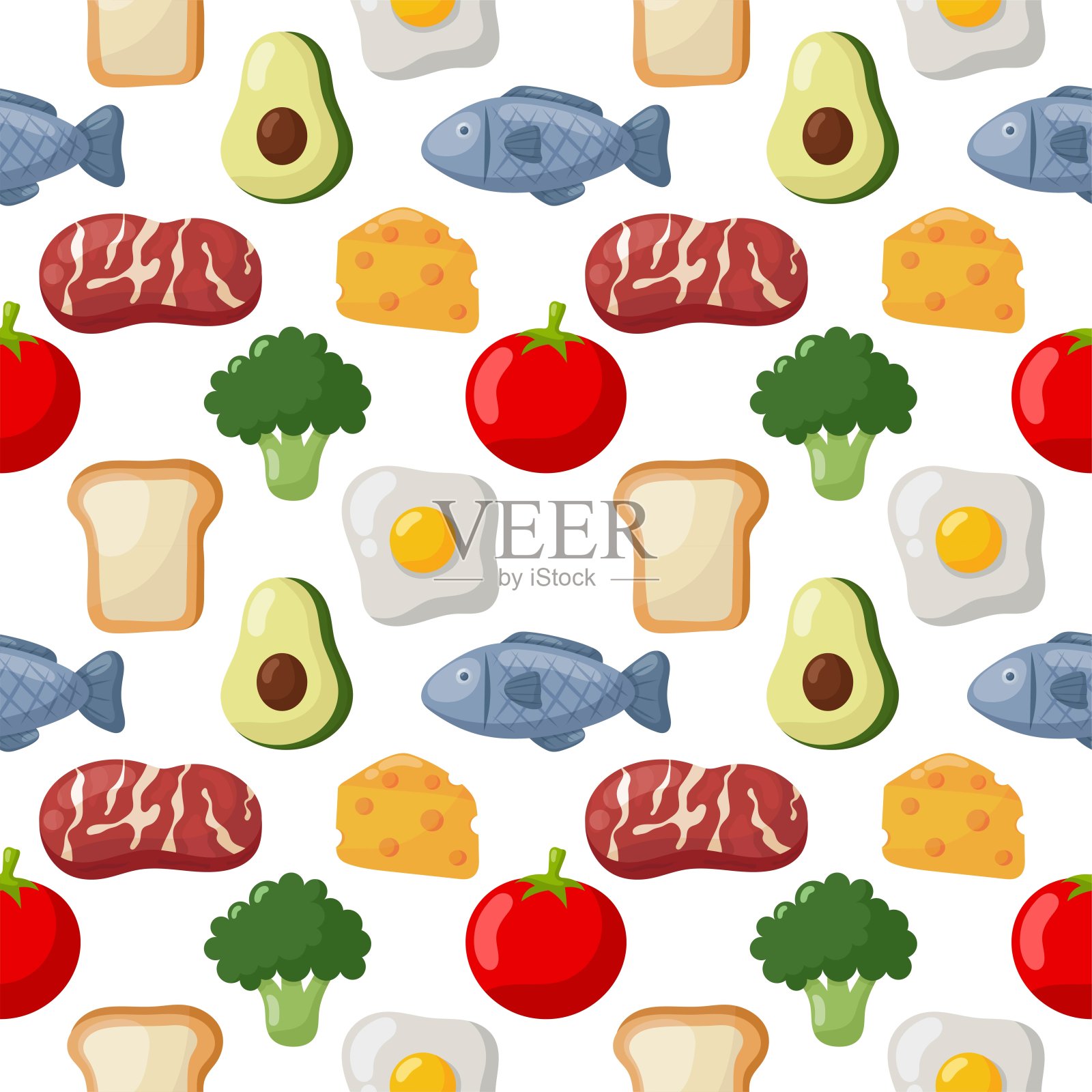 无缝模式食品杂货图标隔离在白色背景。说明向量。插画图片素材