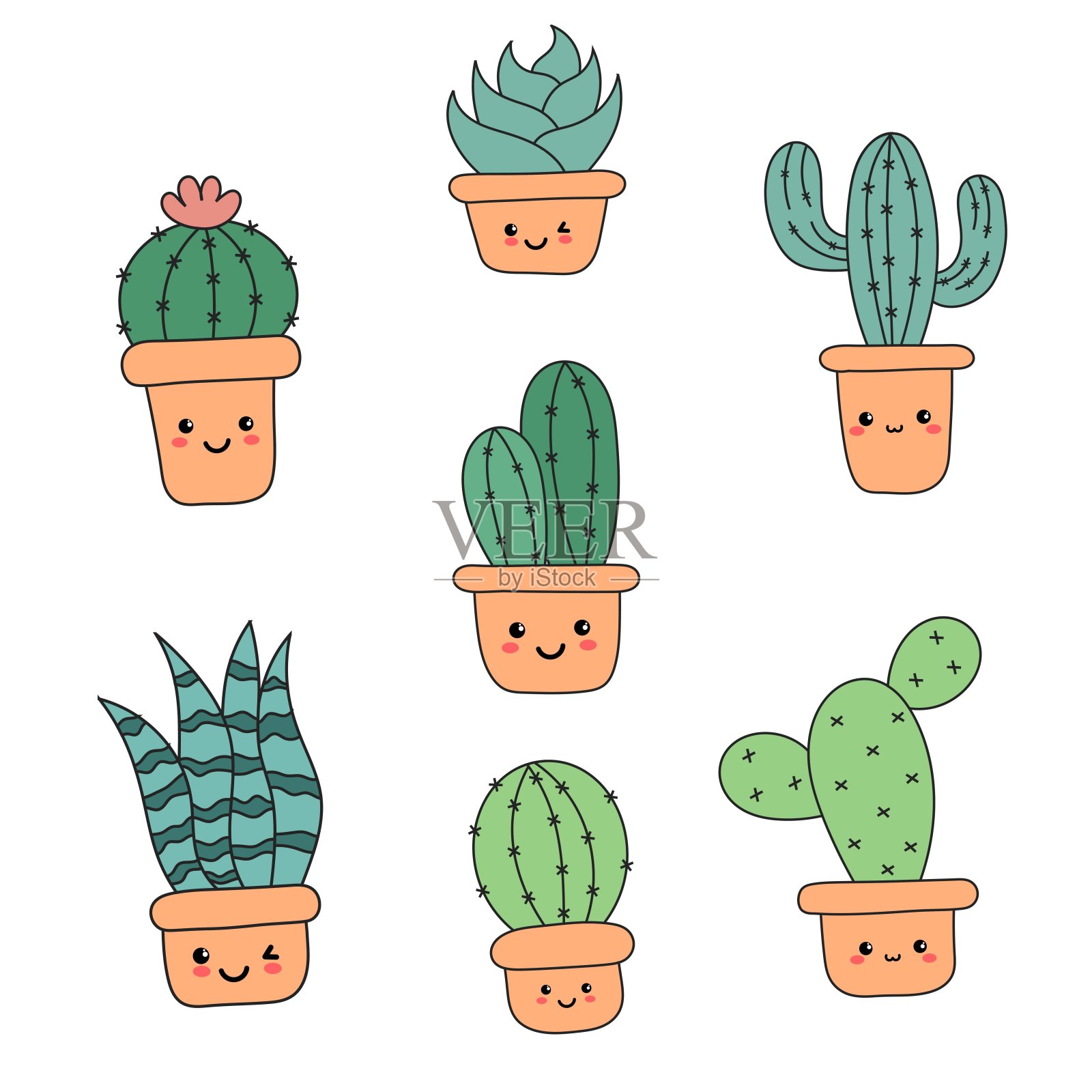 可爱的仙人掌卡通孤立在白色的背景上。说明向量。插画图片素材