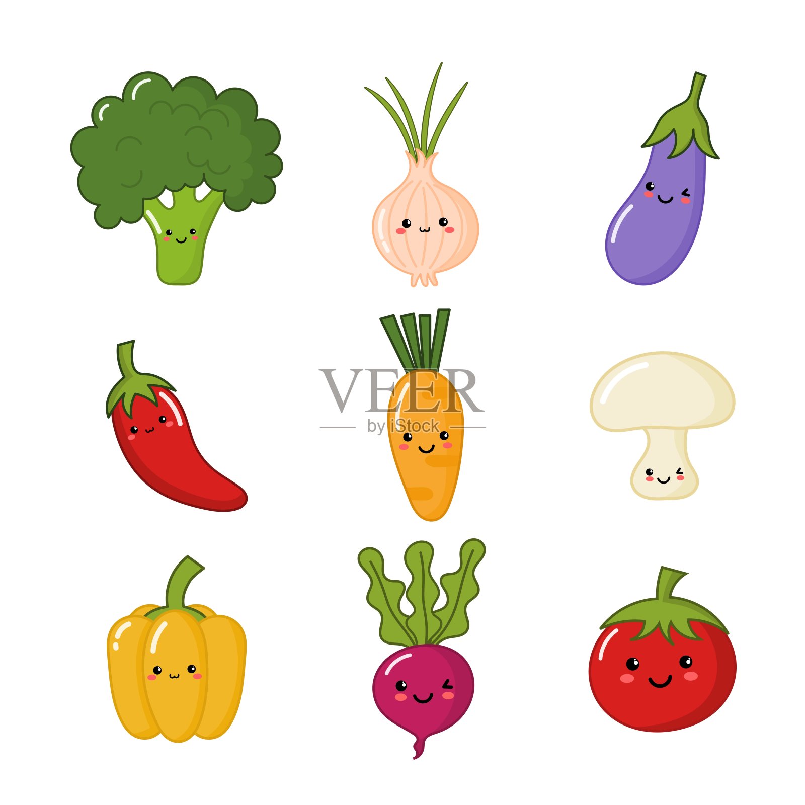 一套可爱有趣的蔬菜卡哇伊风格图标孤立在白色背景。说明向量。插画图片素材