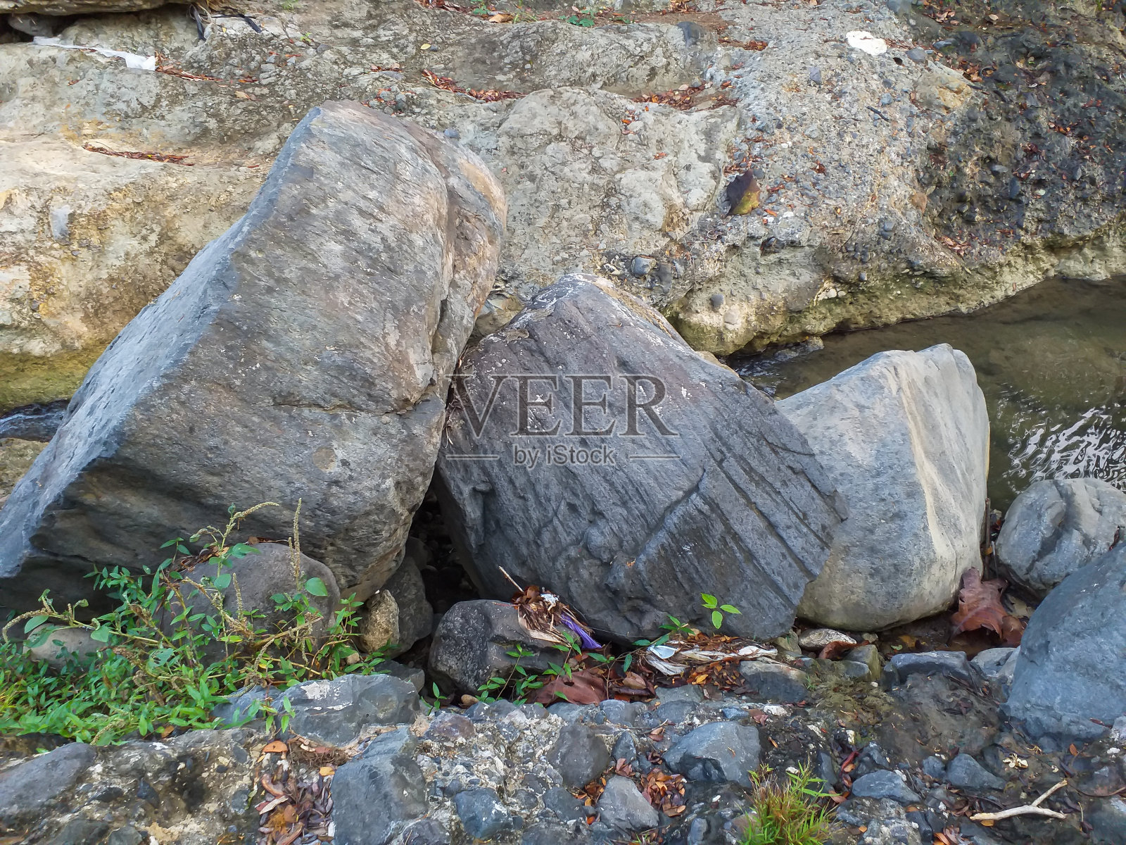 近距离观察河床中古老化石的石质结构照片摄影图片