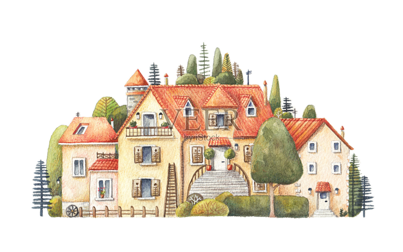 水彩画和铅笔插图，美丽的欧洲小村庄。插画图片素材