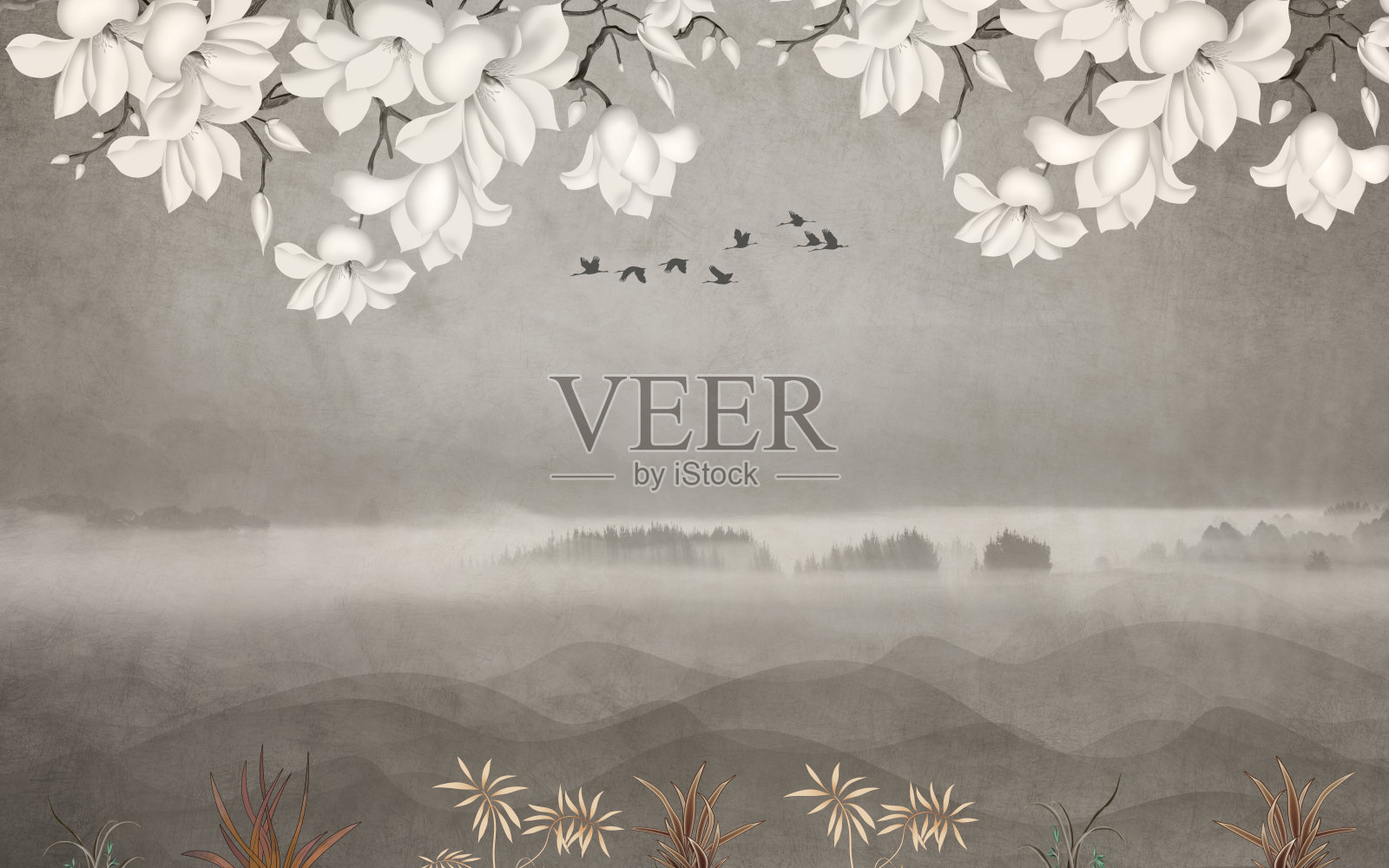 3D花卉壁画墙纸，浅色简约背景，花卉、草本、鸟类和山脉图案，现代家居墙壁装饰照片摄影图片