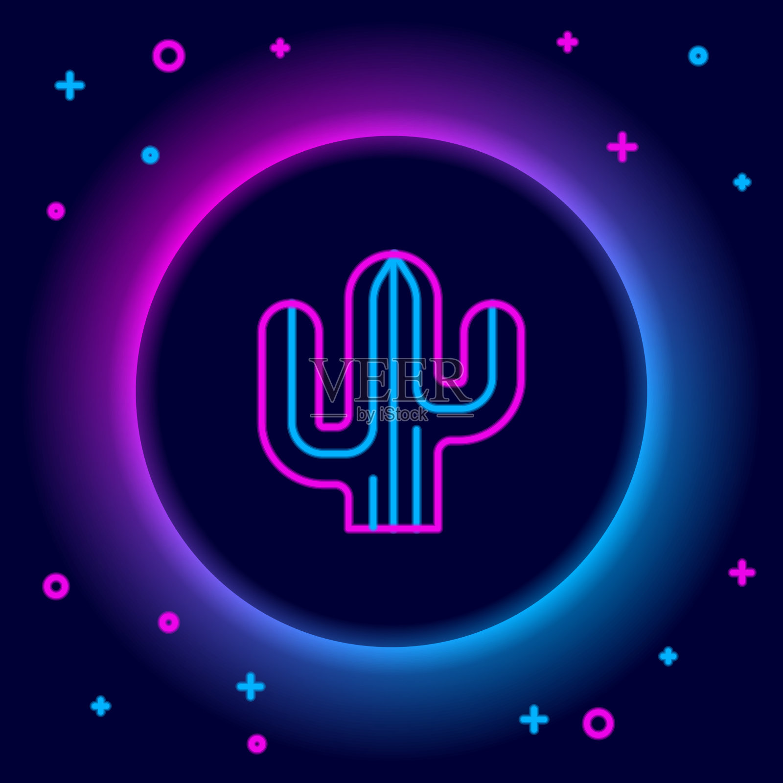 发光的霓虹灯线仙人掌图标孤立在黑色插画图片素材