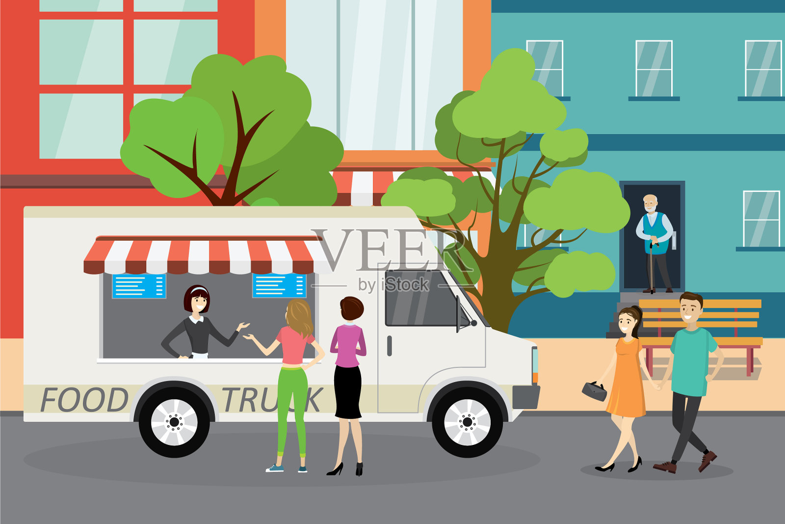 餐车在城市的街道上，行人在行走插画图片素材