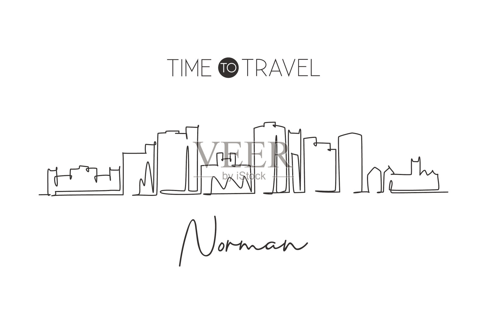 一条线画出了诺曼城市的天际线插画图片素材