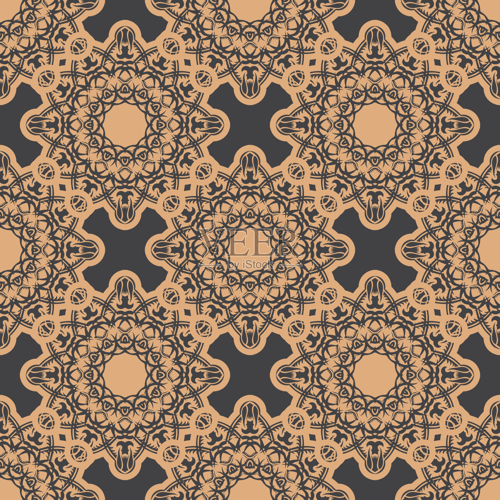 深色露珠无缝图案与复古饰品。复古风格的墙纸。图形装饰墙纸，织物，包装，包装。插画图片素材