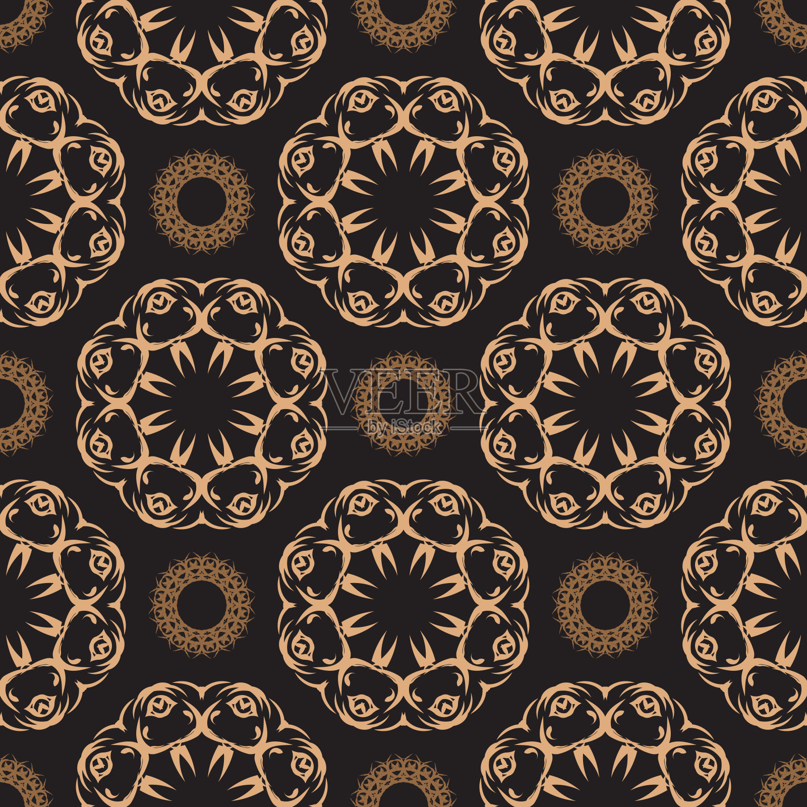 深色露珠无缝图案与复古饰品。复古风格的墙纸。印度的植物区系成分。装饰墙纸、织物、包装、包装。插画图片素材